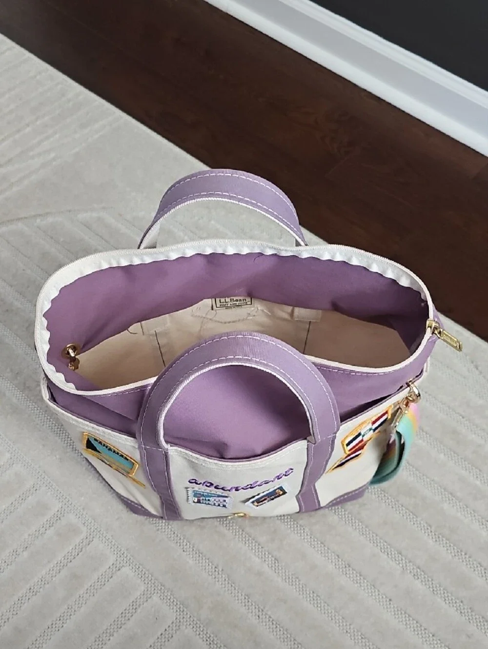 LL BEAN Canvas Tote Bag in Cream and Lavender